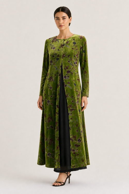 ABRIGO DE TERCIOPELO VERDE CON FLORES